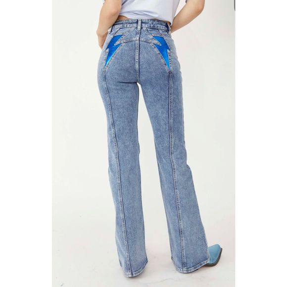 We The Free Denim - New Free People We The Free Thunderbird Flare Jeans Lightening Bolt Size 32